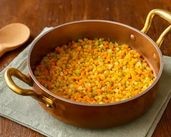Fein gewürfeltes Gemüse, die Basis für Sofrito, in einer Kupferpfanne. Ein Holzlöffel liegt daneben.
