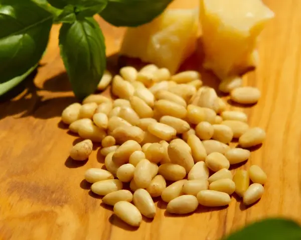 Frische Pinienkerne, Basilikum und Parmesan auf Holzbrett. Achten Sie auf die Pinienkerne Haltbarkeit für Pesto.