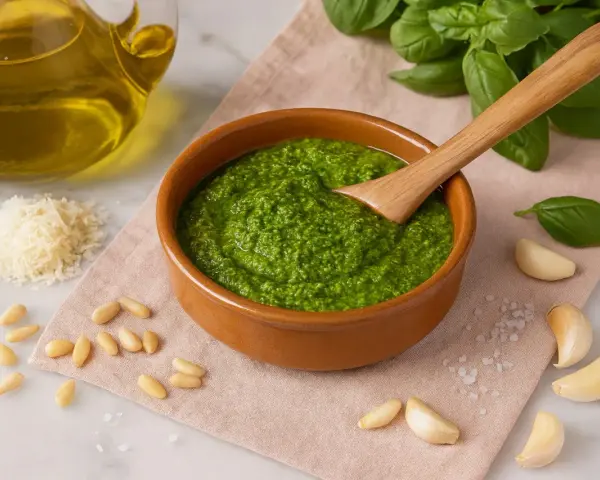 Frisches Pesto-Rezept original in einer Schale, umgeben von Basilikum, Pinienkernen, Knoblauch, Parmesan und Olivenöl.