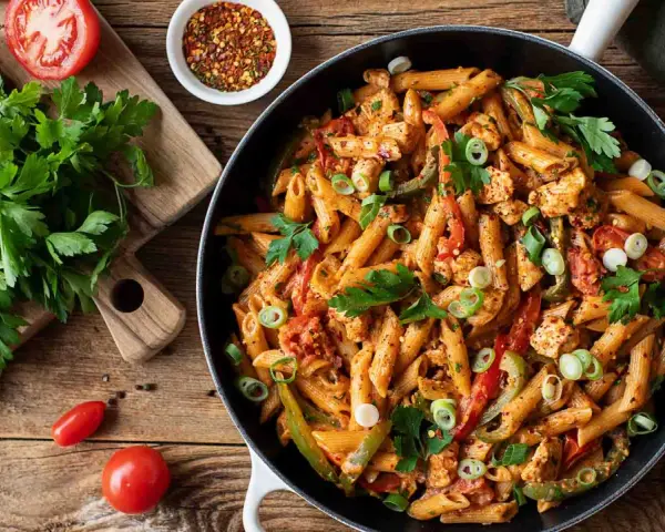 Herzhafte Penne mit Hähnchen, Paprika und Tomaten in einer cremigen Sauce. Ein tolles Beispiel für ausgefallene Pasta Rezepte, garniert mit frischer Petersilie und Frühlingszwiebeln.