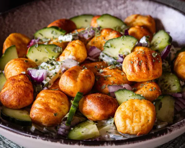 Herzhafter Gnocchi Salat mit Gurken, roten Zwiebeln und einem cremigen Dressing, garniert mit Kräutern.