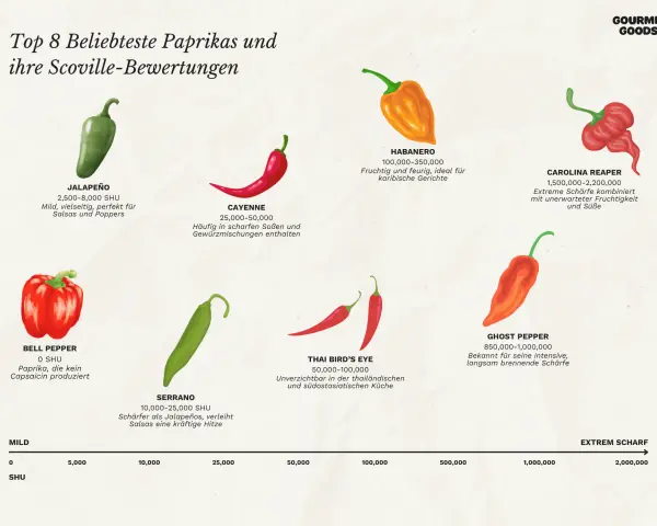 Die Grafik zeigt 8 Paprikasorten von mild bis extrem scharf. Der Jalapeño ist mild, aber ist peperoni scharf genug für Salsas.