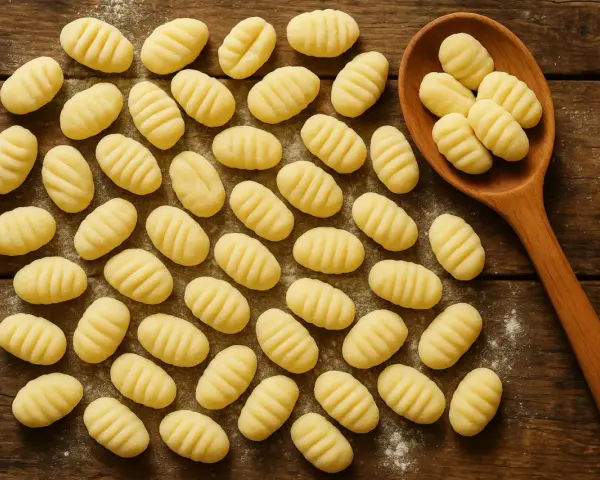 Frische Gnocchi Nudeln, liebevoll geformt und auf einem rustikalen Holztisch arrangiert, einige davon auf einem Holzlöffel.