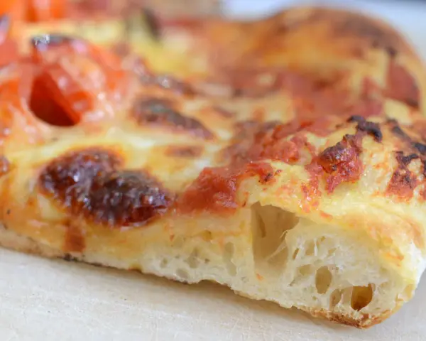 Ein Stück Pizza mit geschmolzenem Käse und Tomaten. Der Teig ist luftig und goldbraun gebacken, typisch für eine Pizza Sourdough.