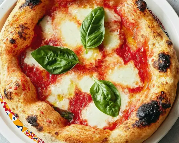 Eine original Pizza Margherita mit geschmolzenem Mozzarella, Tomatensauce und frischem Basilikum. Der Rand ist goldbraun und leicht angekohlt.