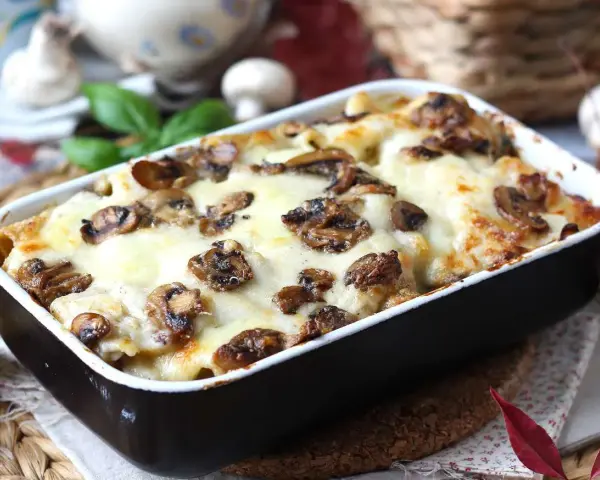 Herzhafte Lasagne al funghi mit geschmolzenem Käse und Pilzen, serviert in einer Auflaufform.
