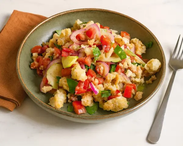 Panzanella rezept: Ein rustikaler Salat mit Brotstücken, Tomaten, Gurken und roten Zwiebeln in einer grünen Schüssel.