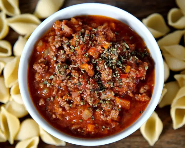 Herzhafte pancetta bolognese in einer Schüssel, umgeben von ungekochten Muschelnudeln.
