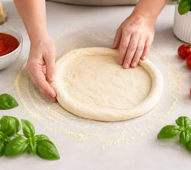 Hände formen einen Pizzaboden nach einem Pizzateig Rezept. Frische Tomaten und Basilikum liegen bereit.