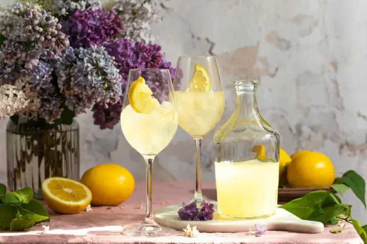 Erfrischender Limoncello Spritz mit Bitter Lemon, garniert mit Zitronenspalten, neben frischen Zitronen und einem üppigen Fliederstrauß.