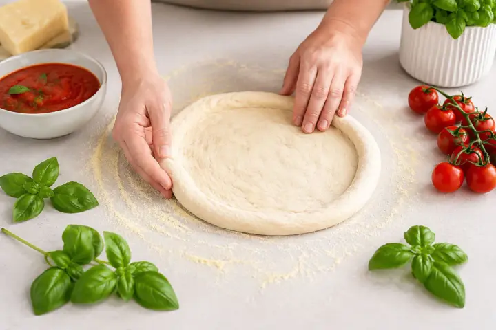 Hände formen einen Pizzaboden nach einem Pizzateig Rezept. Frische Tomaten und Basilikum liegen bereit.