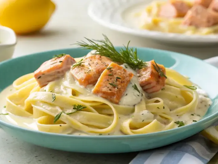 Tagliatelle mit Lachs in cremiger Soße, die durch Zitrone und Sahne mischen verfeinert wird. Garniert mit Dill und Kräutern.
