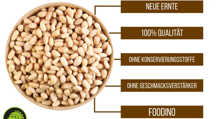 Schale mit Pinienkernen, die man roh essen kann. Neue Ernte, 100% Qualität, ohne Konservierungsstoffe und Geschmacksverstärker.