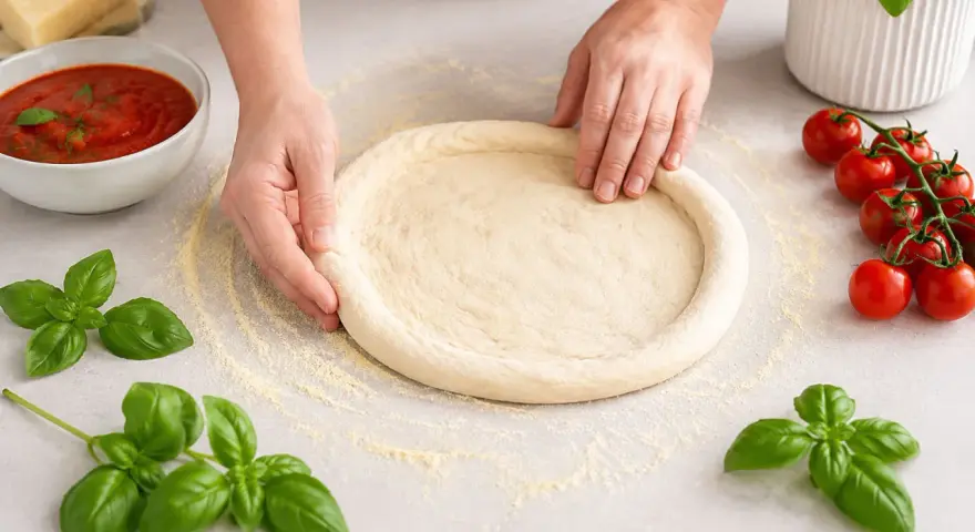 Hände formen einen Pizzaboden nach einem Pizzateig Rezept. Frische Tomaten und Basilikum liegen bereit.