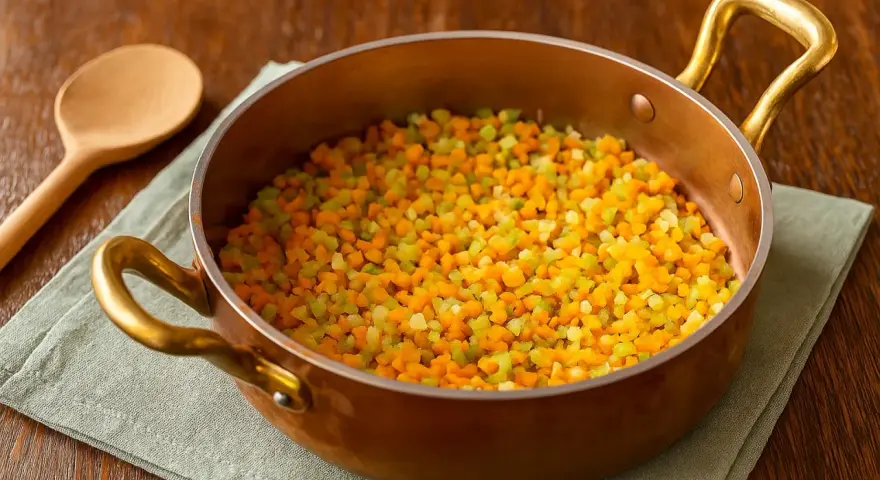 Fein gewürfeltes Gemüse, die Basis für Sofrito, in einer Kupferpfanne. Ein Holzlöffel liegt daneben.