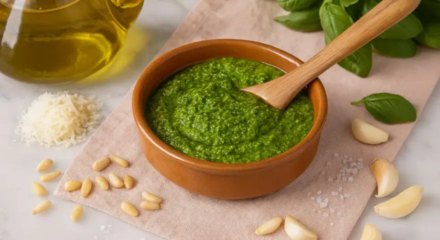 Frisches Pesto-Rezept original in einer Schale, umgeben von Basilikum, Pinienkernen, Knoblauch, Parmesan und Olivenöl.