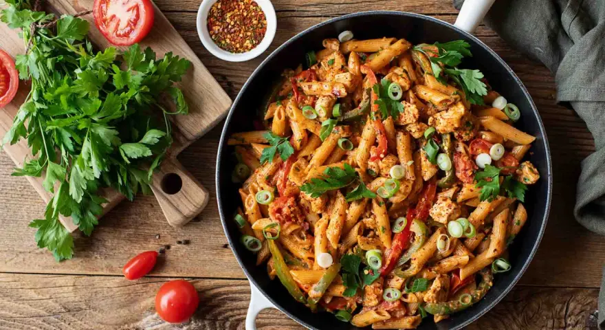 Herzhafte Penne mit Hähnchen, Paprika und Tomaten in einer cremigen Sauce. Ein tolles Beispiel für ausgefallene Pasta Rezepte, garniert mit frischer Petersilie und Frühlingszwiebeln.