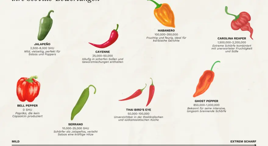 Die Grafik zeigt 8 Paprikasorten von mild bis extrem scharf. Der Jalapeño ist mild, aber ist peperoni scharf genug für Salsas.