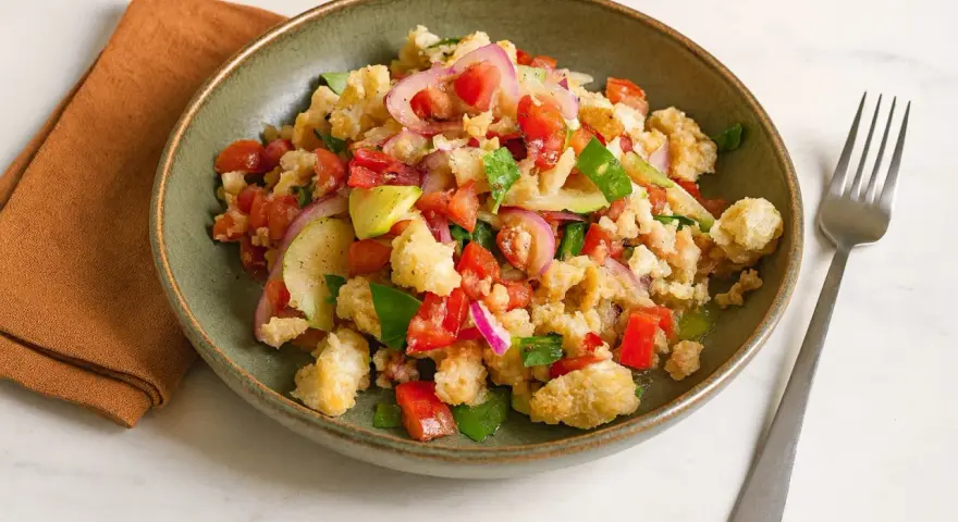 Panzanella rezept: Ein rustikaler Salat mit Brotstücken, Tomaten, Gurken und roten Zwiebeln in einer grünen Schüssel.