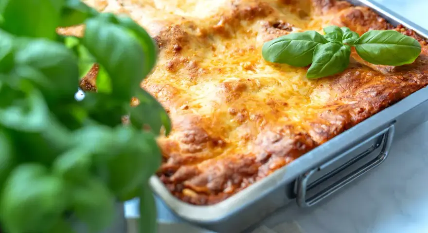 Frisch gebackene Lasagne im Ofen, goldbraun überbacken, mit frischem Basilikum garniert. Ein perfektes Lasagne Rezept für Genießer.