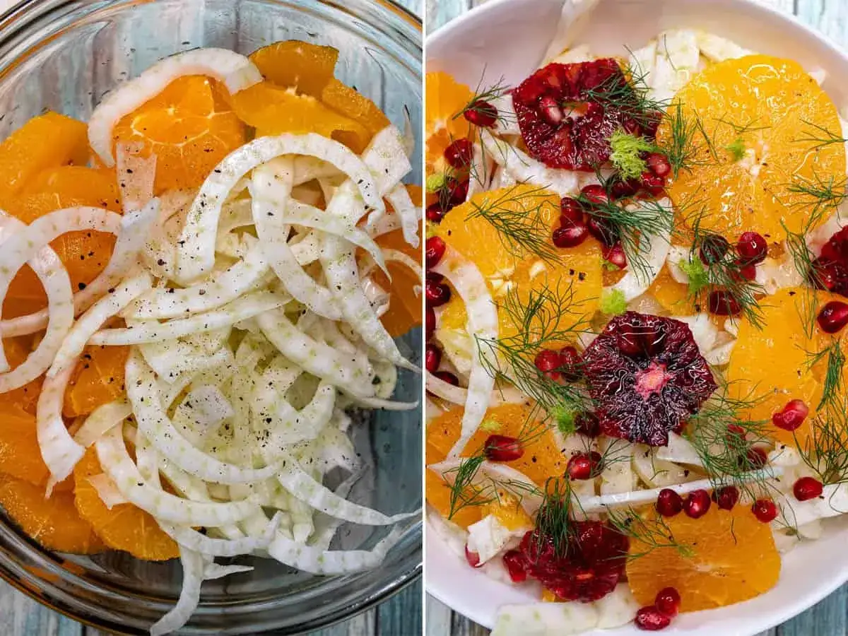 Frische Insalata Siciliana mit Orangen, Fenchel, Granatapfelkernen und Dill. Ein bunter Genuss!