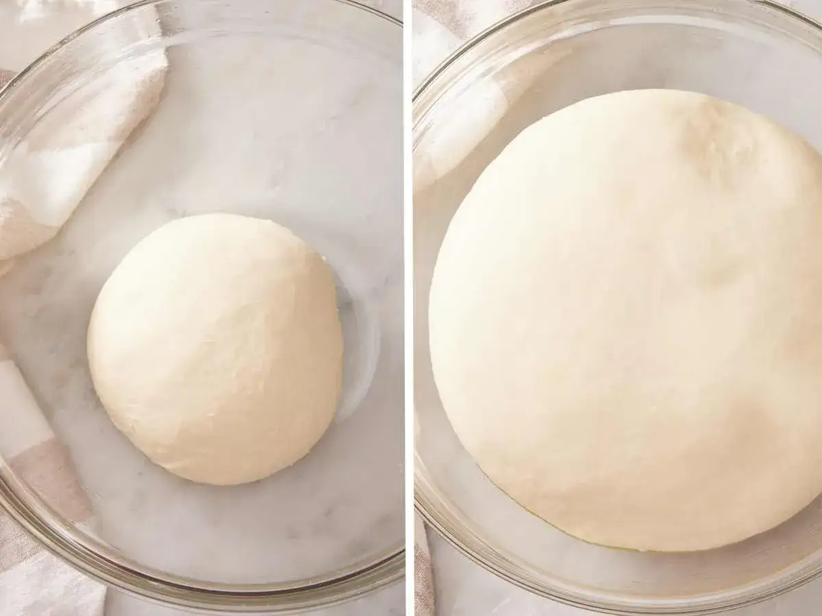 Pizzateig vor und nach dem Gehenlassen. So lange muss pizzateig gehen lassen, bis er sich verdoppelt hat.
