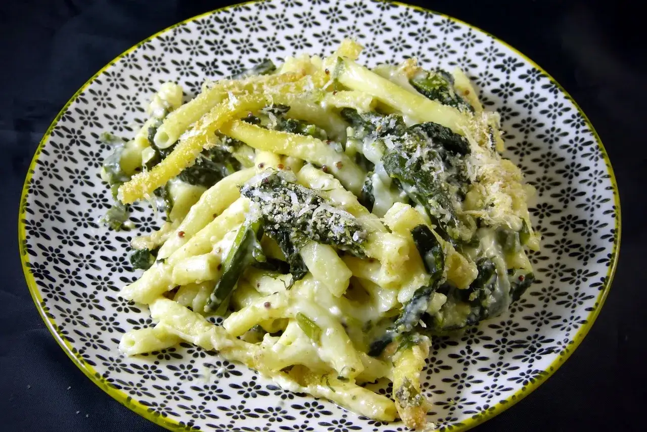 Caciocavallo-Alternative: cremige Pasta mit Spinat und geriebenem K&auml;se auf einem gemusterten Teller.