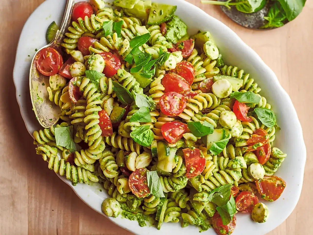 Fusilli-Salat mit Kirschtomaten, Mozzarella und Avocado, angemacht mit Pesto. Ob warm oder kalt, dieser Salat ist ein Genuss.