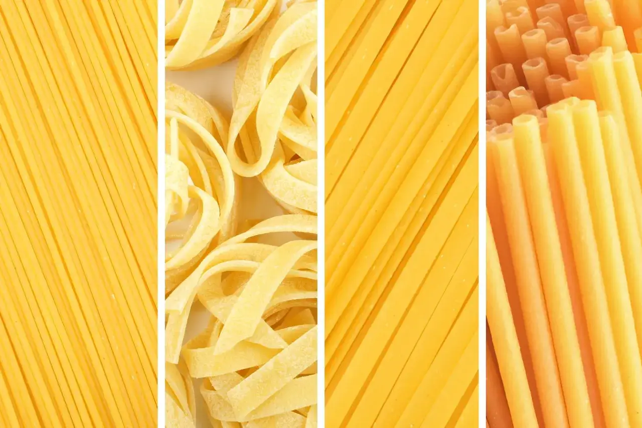 Vier verschiedene Nudelsorten: feine Spaghetti, breite Tagliatelle, flache Linguine und dicke Röhrennudeln. Perfekt für jede Mahlzeit, von einer leichten Vorspeise bis zu einem herzhaften Hauptgericht.