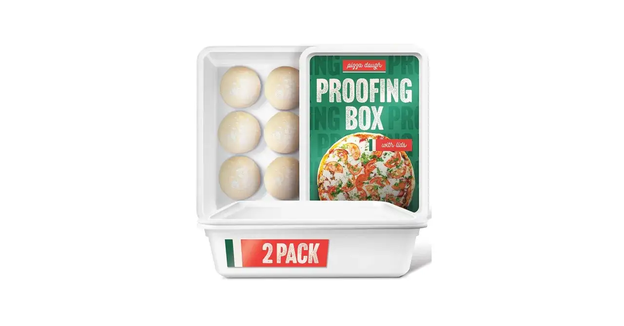Sechs Kugeln original italienischer Pizzateig mit frischer Hefe in einer Aufbewahrungsbox. Perfekt für hausgemachte Pizza.