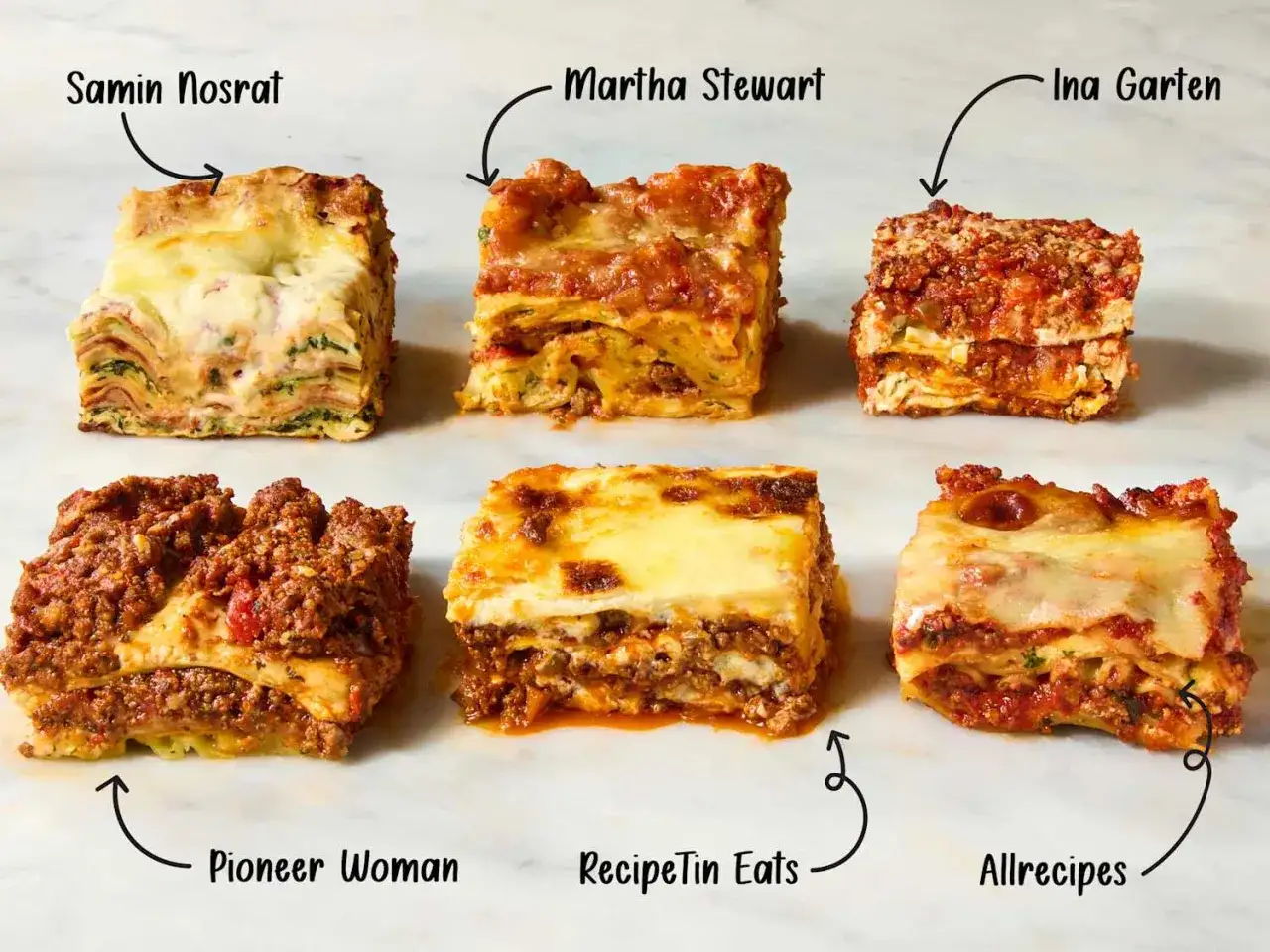 Sechs verschiedene Lasagne-Arten von bekannten Köchen nebeneinander.