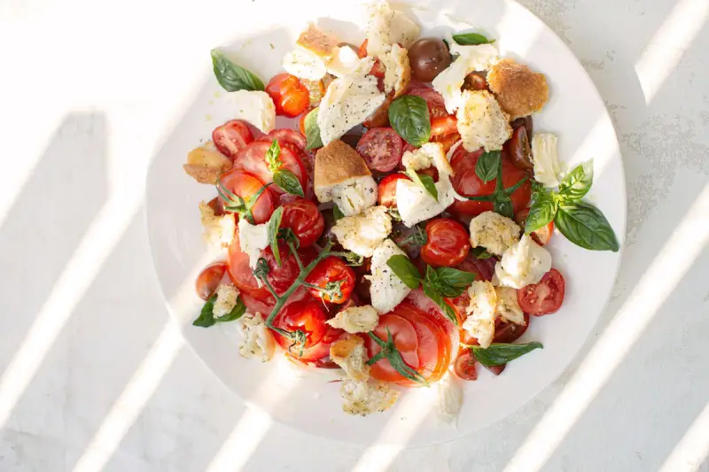 Ein frischer Tomaten Mozzarella Salat, original italienisch, mit Brotstücken und Basilikum, serviert auf einem weißen Teller.