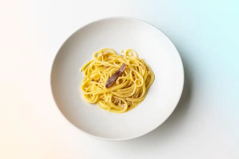 Spaghetti mit einer Sardelle, die zeigt, was sind Sardellen: kleine, salzige Fische, die Pasta verfeinern.